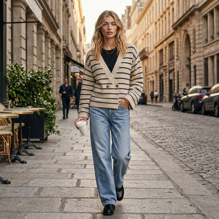 Nao – Cardigan croisé porté en tenue de rue urbaine