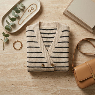 Nao – Mise en scène flat lay du cardigan et accessoires