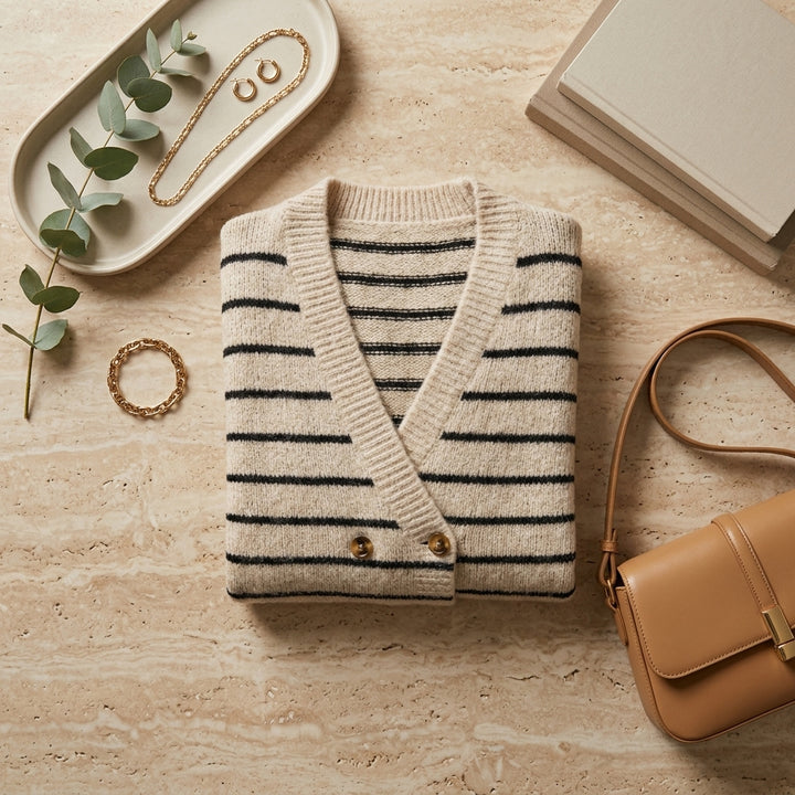 Nao – Mise en scène flat lay du cardigan et accessoires