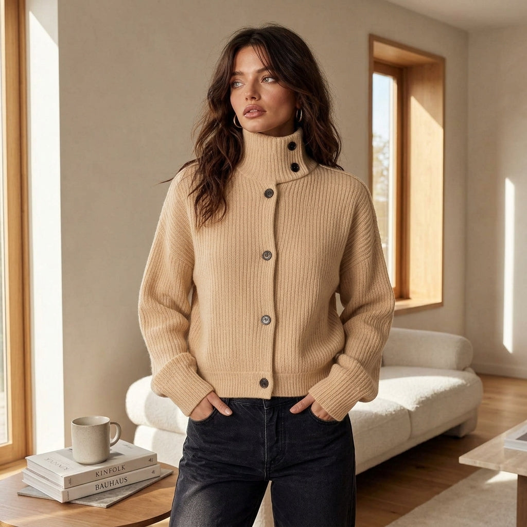 Nanami – Cardigan camel ambiance lifestyle salon