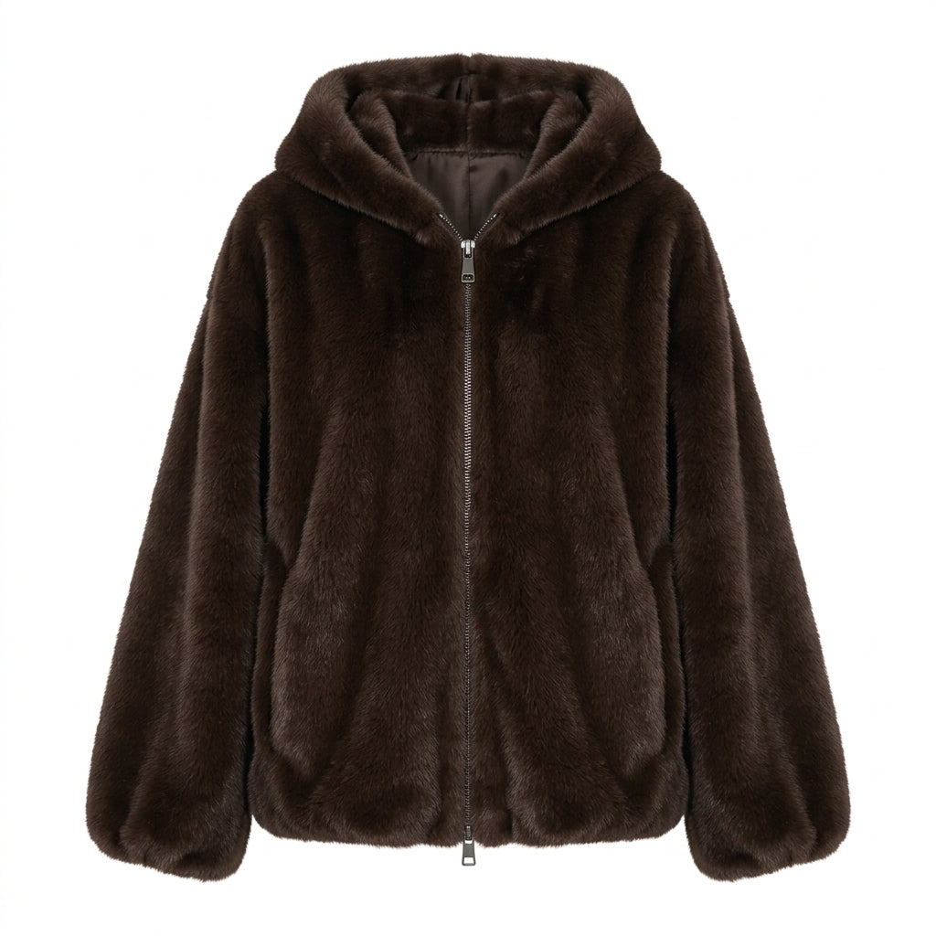 Setsu – Veste à capuche fausse fourrure brun foncé vue studio