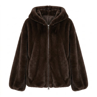 Setsu – Veste à capuche fausse fourrure brun foncé vue studio