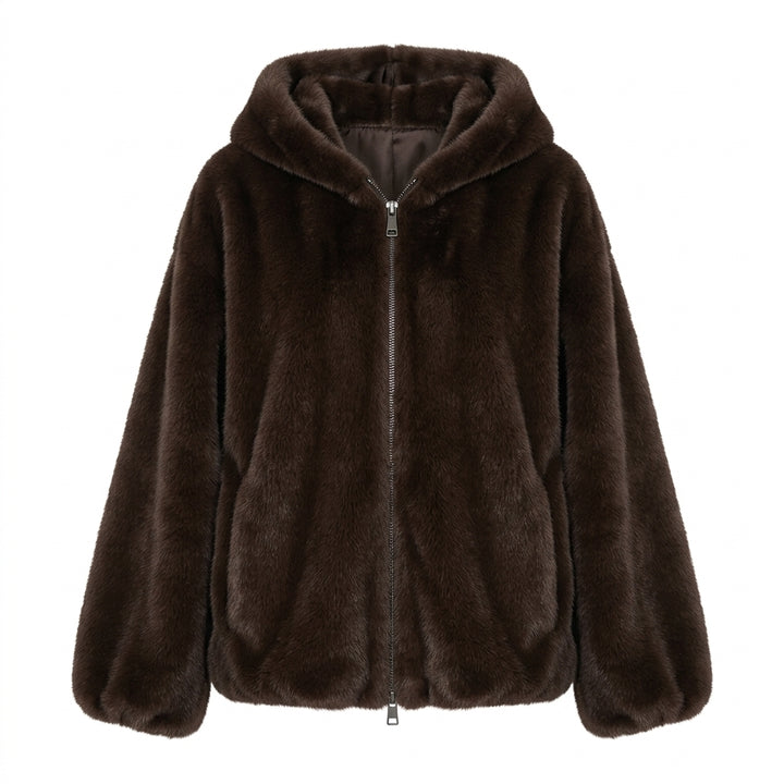 Setsu – Veste à capuche fausse fourrure brun foncé vue studio