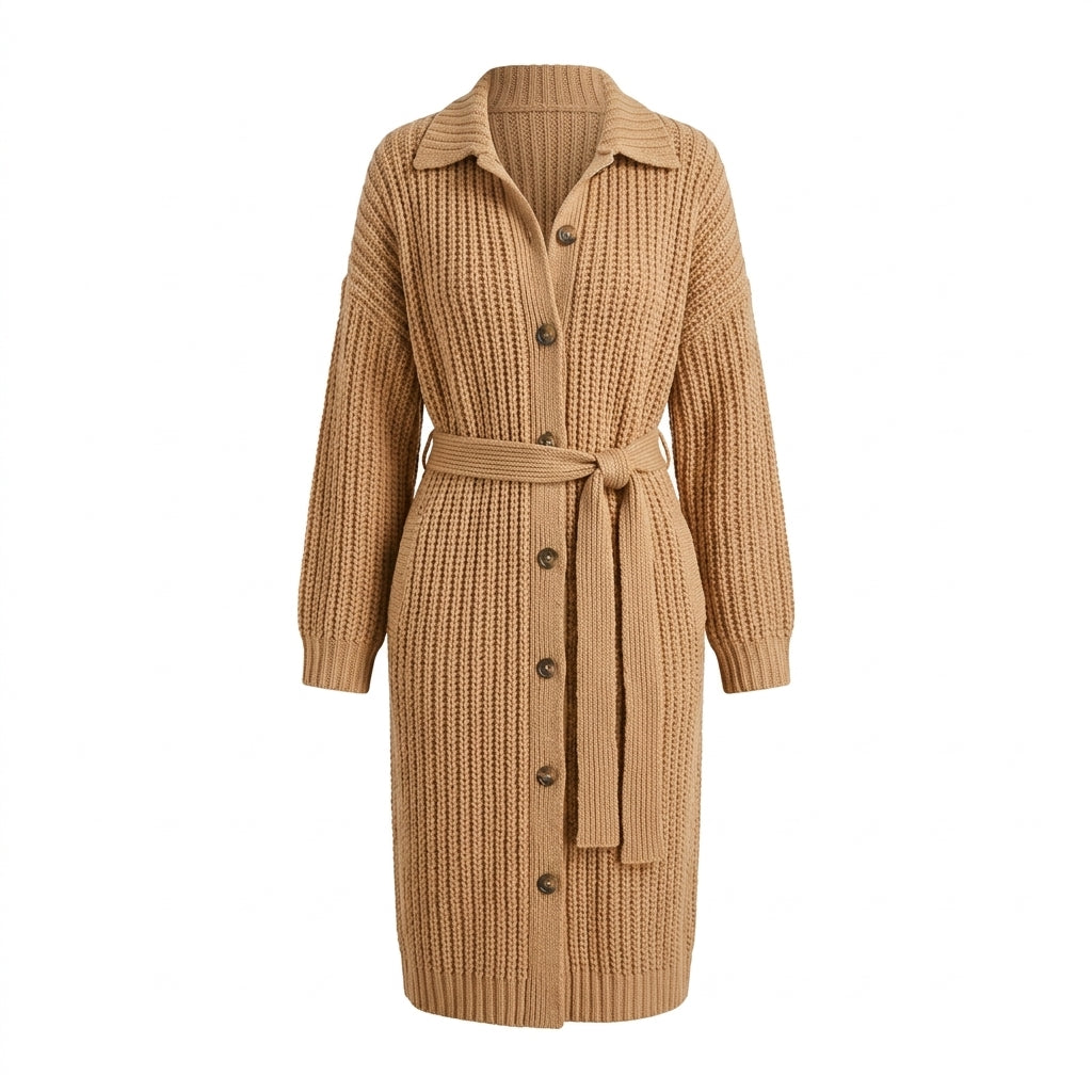 Sana – Cardigan ceinturé en maille côtelée camel – Vue studio