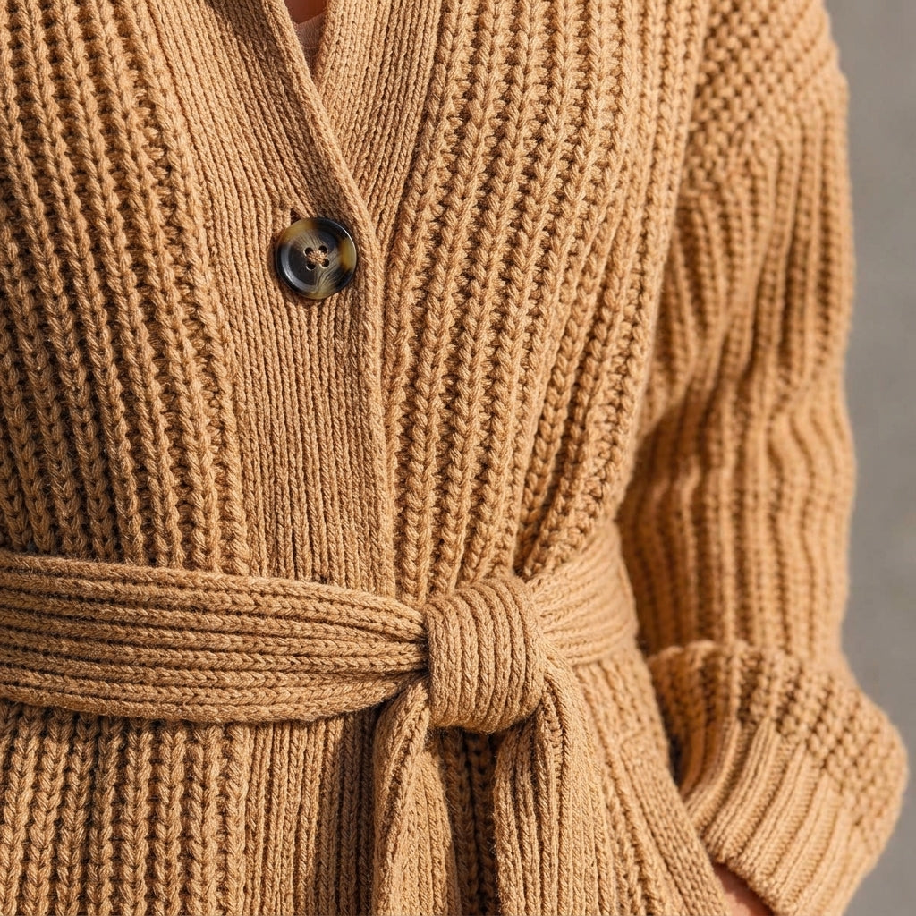Sana – Détail maille côtelée, boutons et col à revers