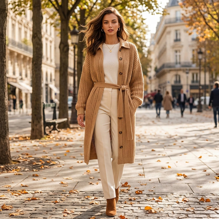 Sana – Cardigan camel ceinturé – Style lifestyle élégant