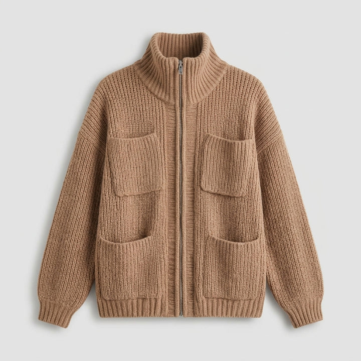Sakura – Cardigan zippé col montant camel – Photo principale