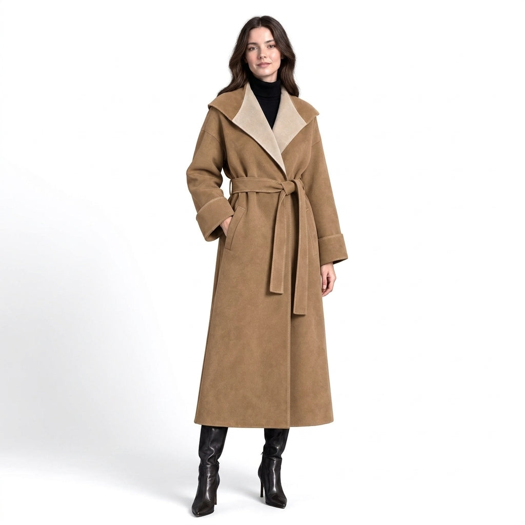 Manteau long effet daim Ichika camel - photo principale studio