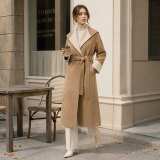 Manteau Ichika camel et beige en situation extérieure