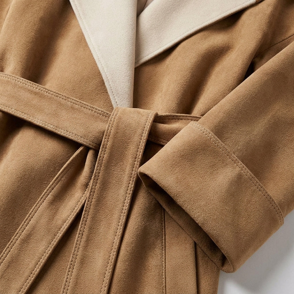 Gros plan matière effet daim et finitions du manteau Ichika