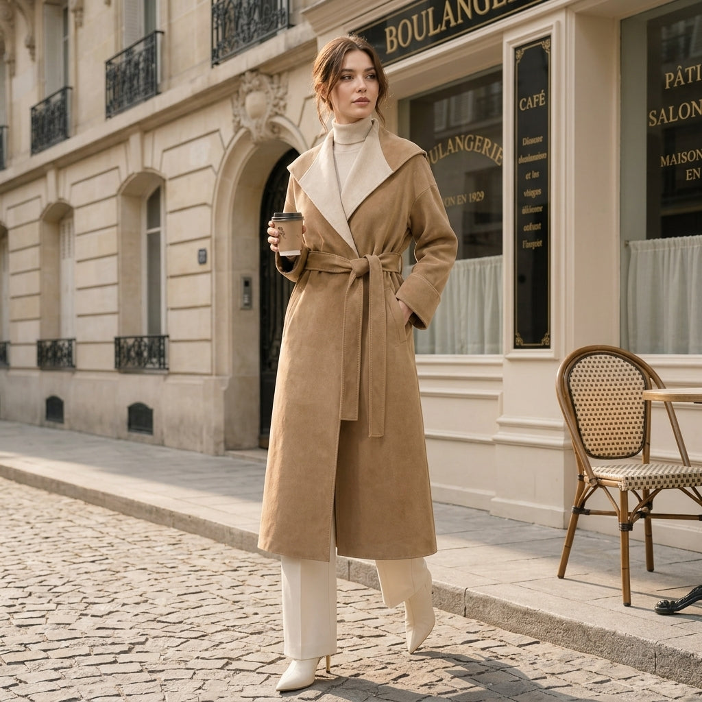 Manteau long camel Ichika porté en style de vie urbain