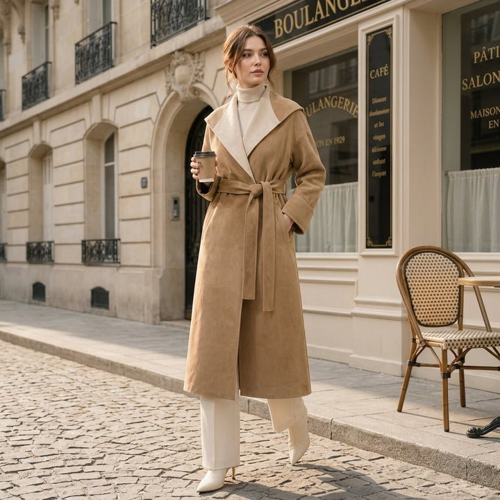 Manteau long camel Ichika porté en style de vie urbain