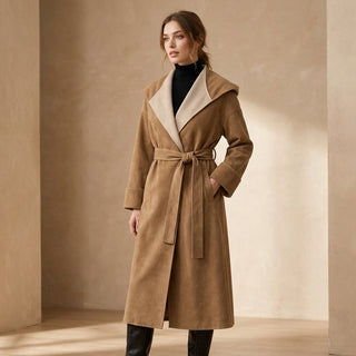 Vue détails revers et ceinture manteau long Ichika