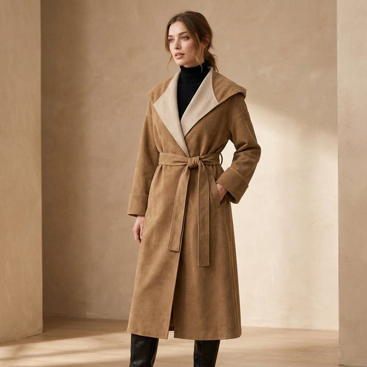 Vue détails revers et ceinture manteau long Ichika