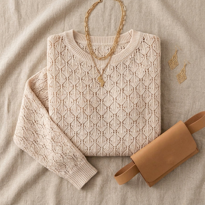 Chika – Pull ajouré avoine – Flat lay avec accessoires