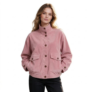 Hiromi – Veste bomber rose velours côtelé fond blanc