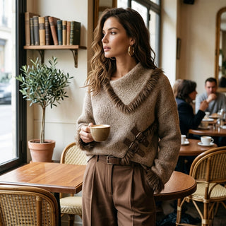 Miwa – Pull en maille taupe porté en ambiance café lifestyle