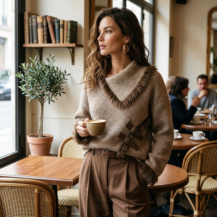Miwa – Pull en maille taupe porté en ambiance café lifestyle