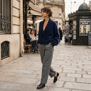 Pull Chihiro col châle porté en tenue urbaine élégante