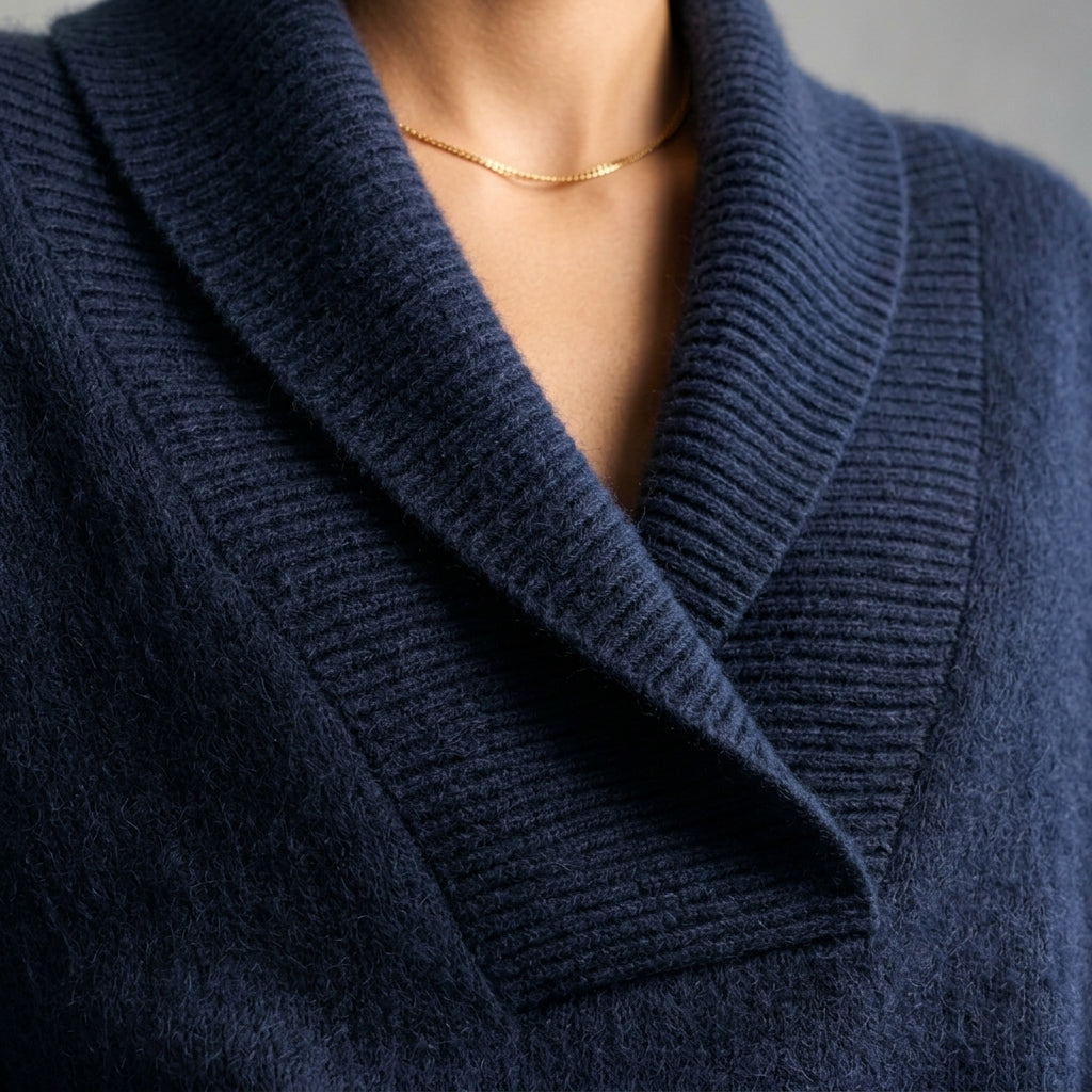 Détail de la maille duveteuse et du col châle - Chihiro