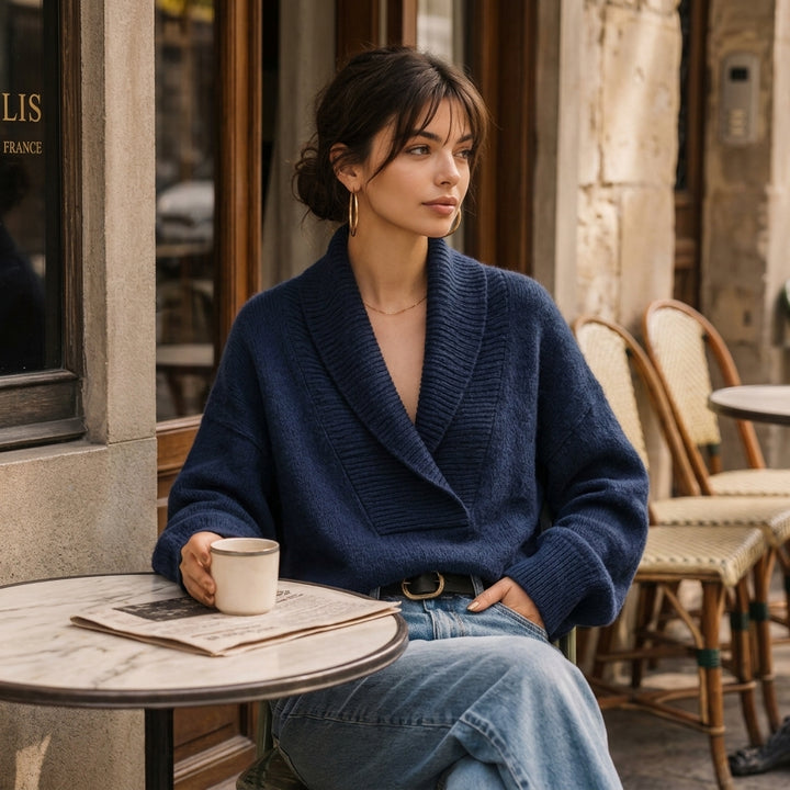 Pull Chihiro bleu nuit en terrasse de café parisien