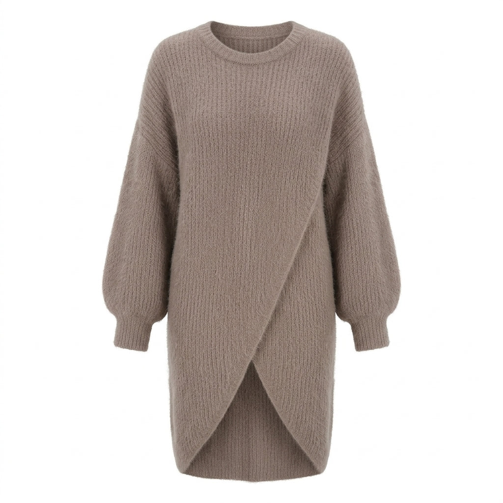 Minami - Pull long croisé marron clair sur fond blanc
