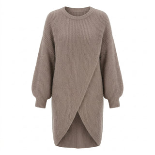 Minami - Pull long croisé marron clair sur fond blanc