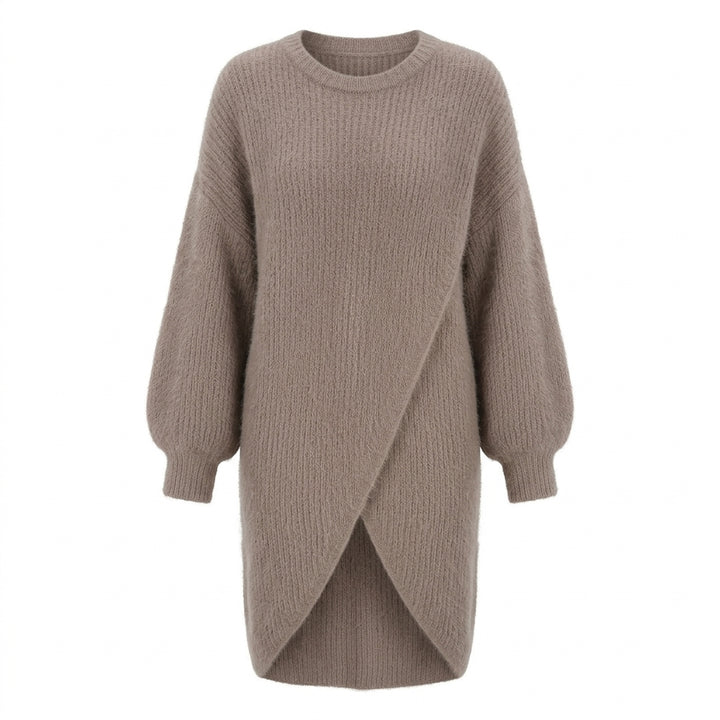Minami - Pull long croisé marron clair sur fond blanc