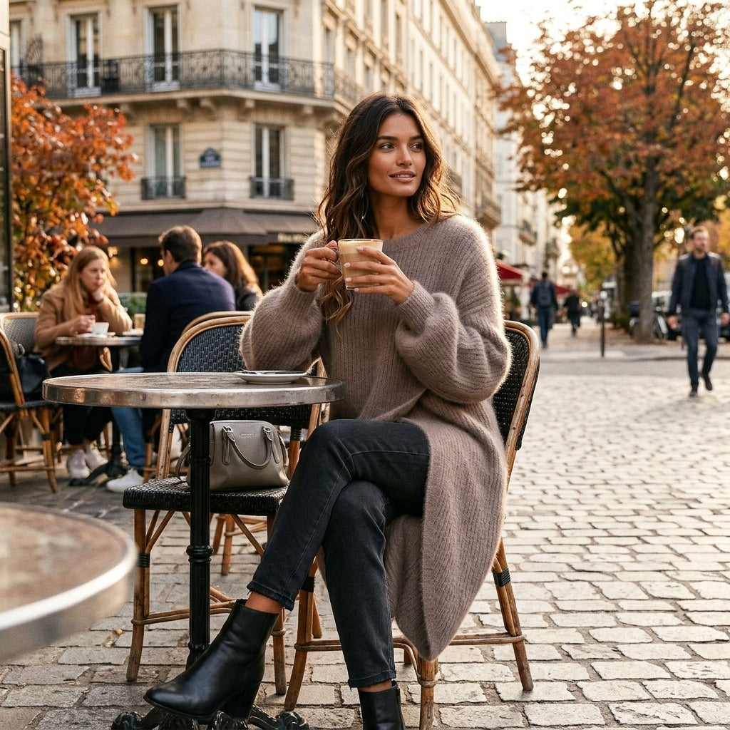 Minami - Pull long croisé marron clair en situation lifestyle café
