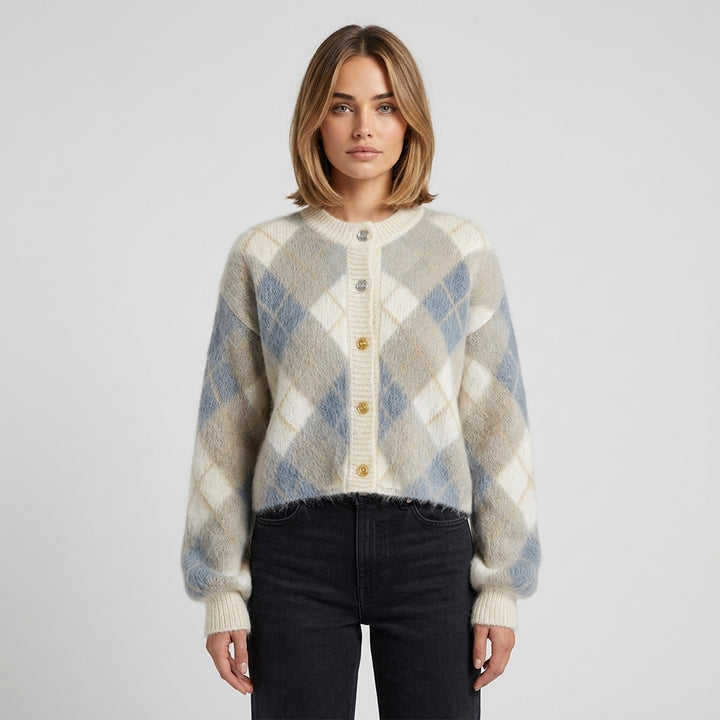 Koharu – Cardigan à losanges crème et bleu poudré - Vue principale studio