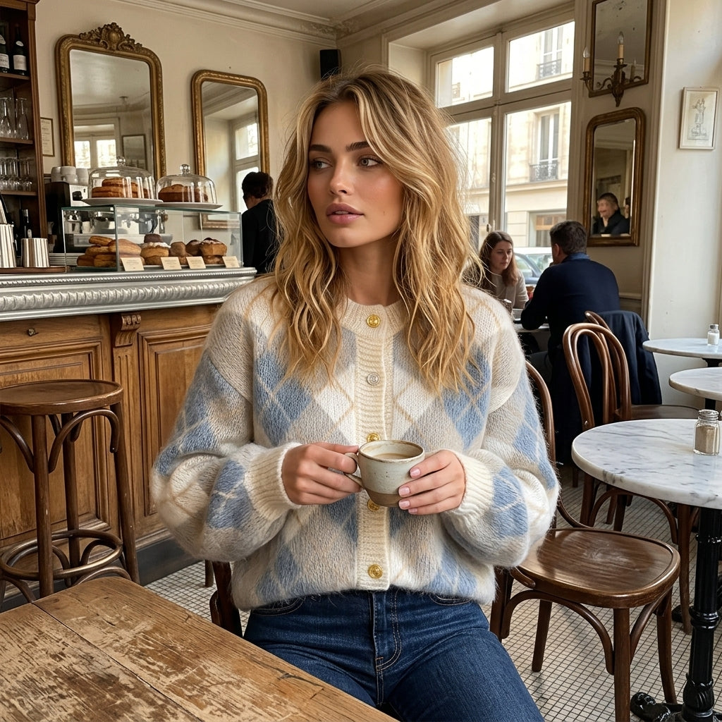 Koharu – Cardigan en maille duveteuse - Ambiance lifestyle café