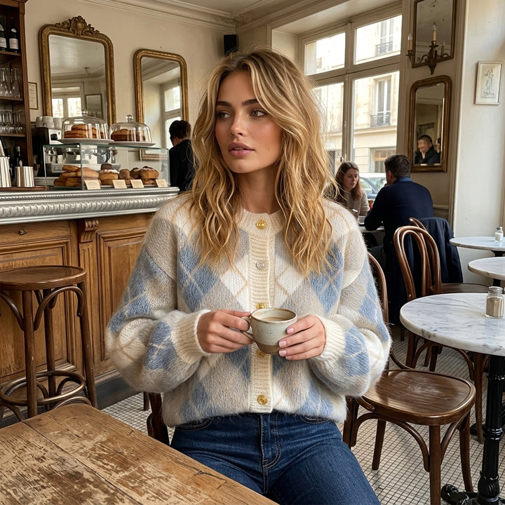 Koharu – Cardigan en maille duveteuse - Ambiance lifestyle café