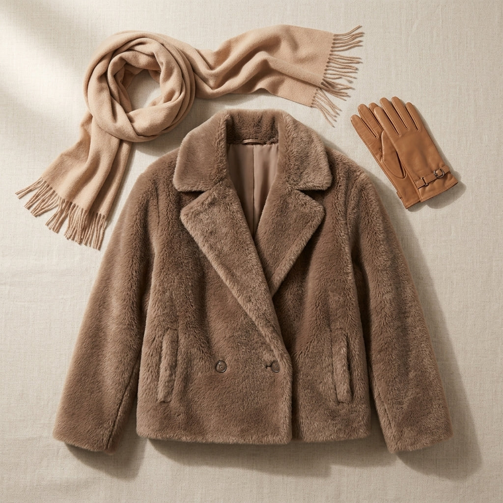 Rin – Manteau court fausse fourrure taupe – Mise en scène accessoires