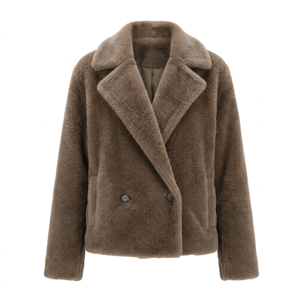 Rin – Manteau court fausse fourrure taupe – Vue studio