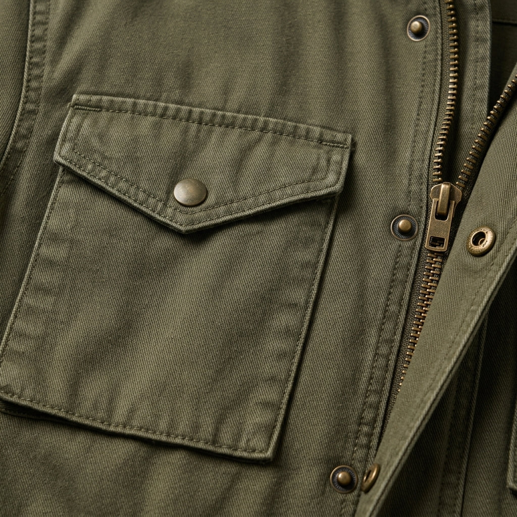 Détail textile et finitions de la veste militaire M-65 Taka