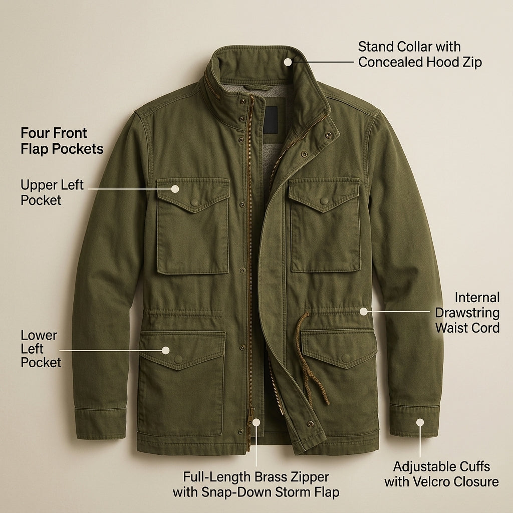 Caractéristiques et poches de la veste de terrain M-65 Taka