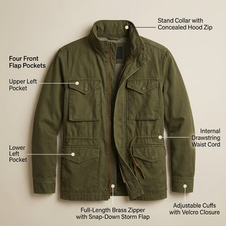Caractéristiques et poches de la veste de terrain M-65 Taka