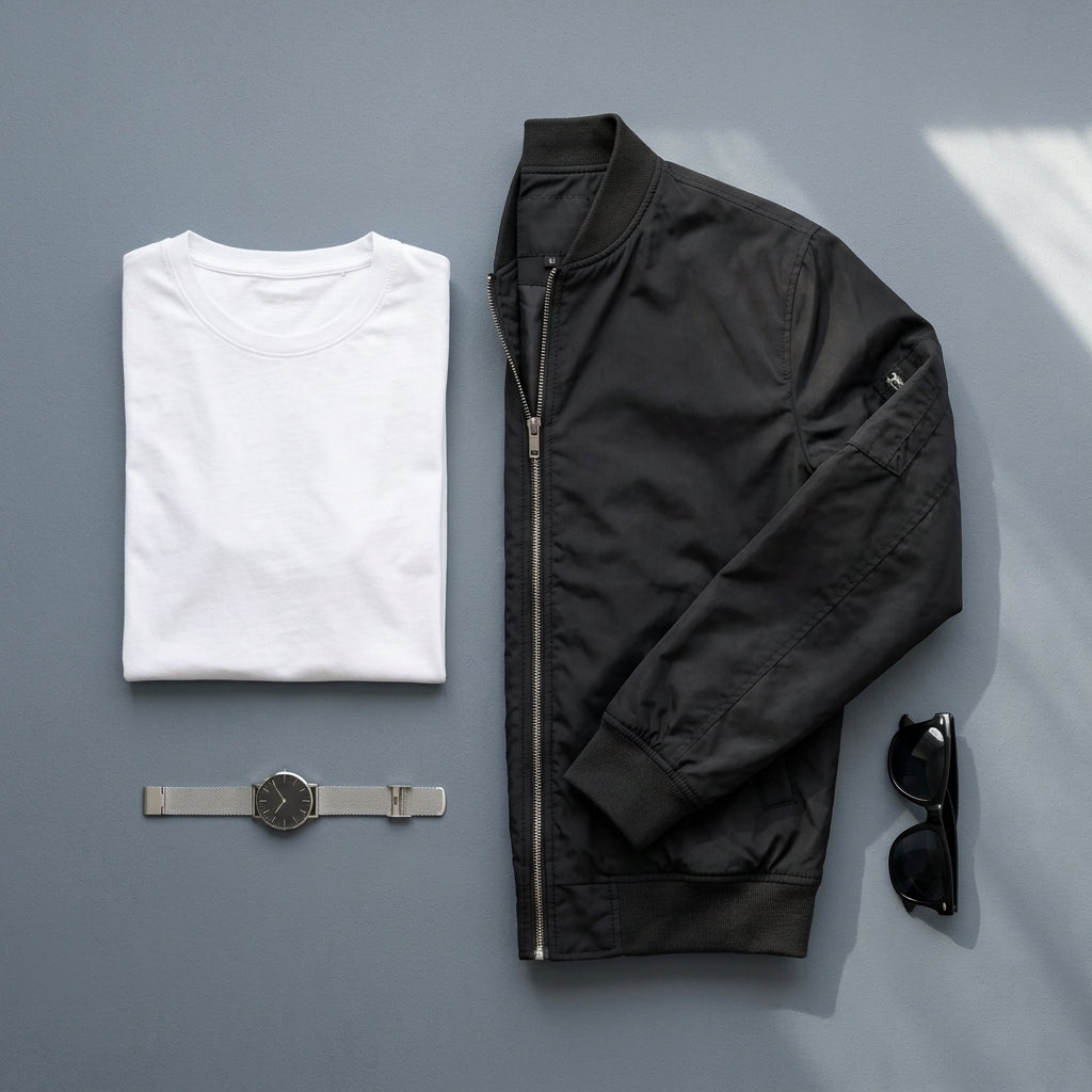 Umi – Composition flat lay bomber noir et accessoires