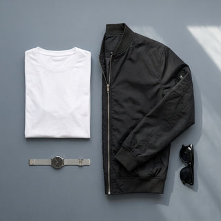 Umi – Composition flat lay bomber noir et accessoires