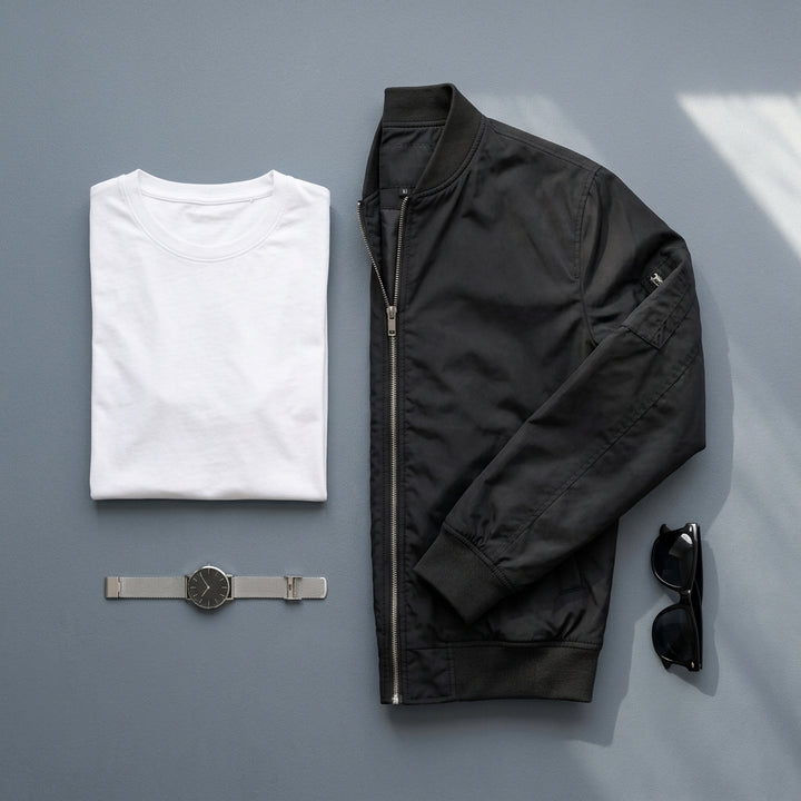Umi – Composition flat lay bomber noir et accessoires