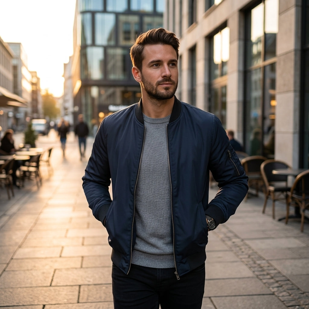 Umi – Blouson bomber bleu en situation urbaine lifestyle
