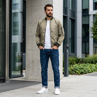 Umi – Lookbook bomber kaki porté avec jean et sneakers