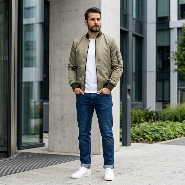 Umi – Lookbook bomber kaki porté avec jean et sneakers