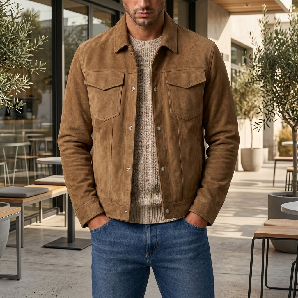 Kage – Veste effet cuir portée en extérieur