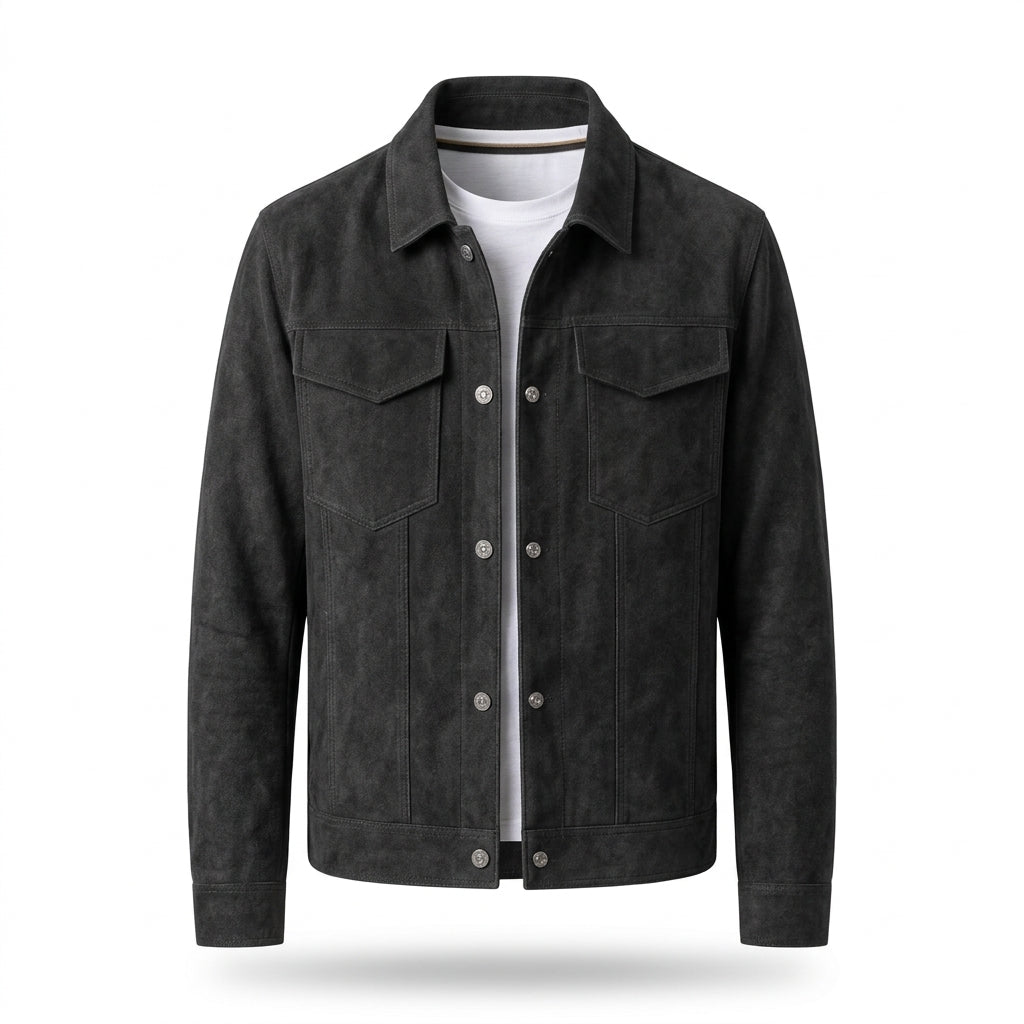 Kage – Veste effet cuir gris fond blanc studio