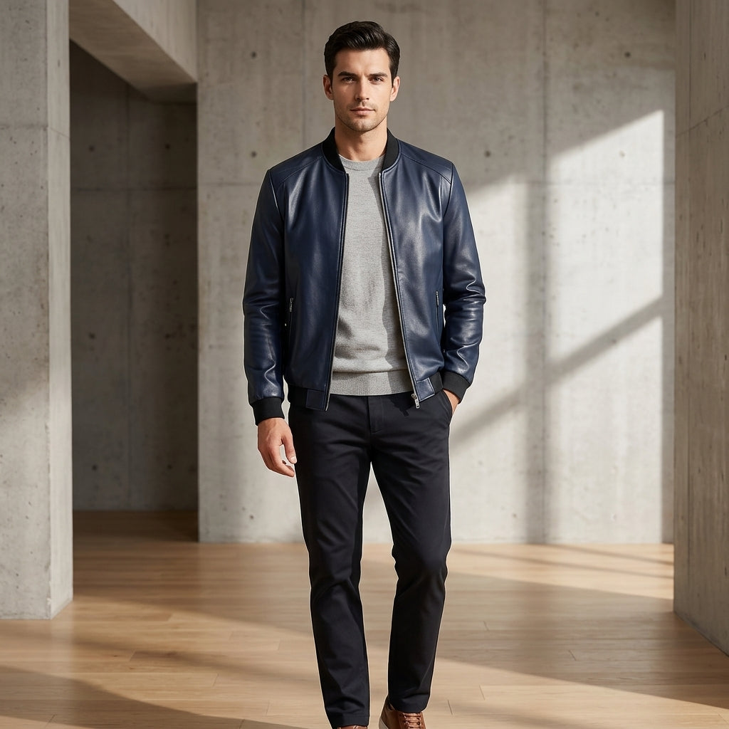 Tora – Blouson bomber effet cuir bleu marine porté par un mannequin