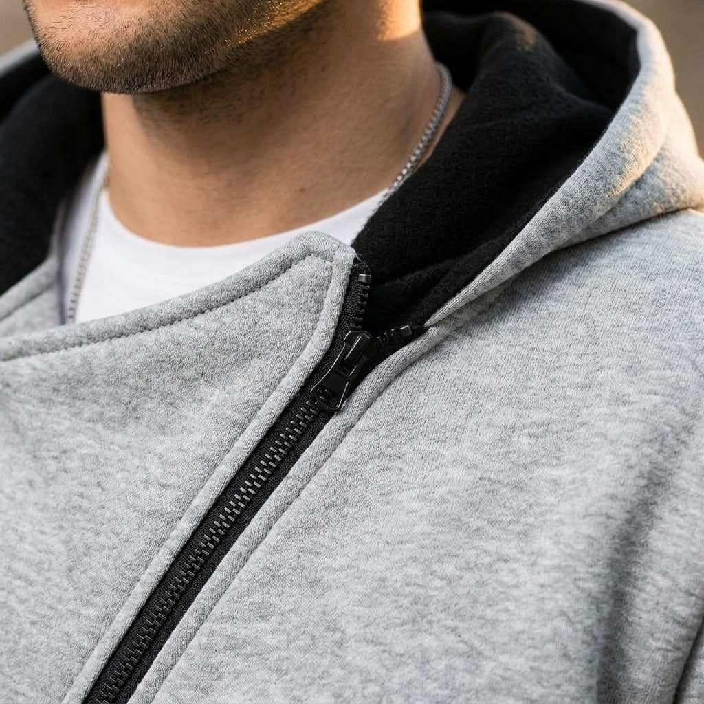 Kiri – gros plan détail zip oblique et texture tissu
