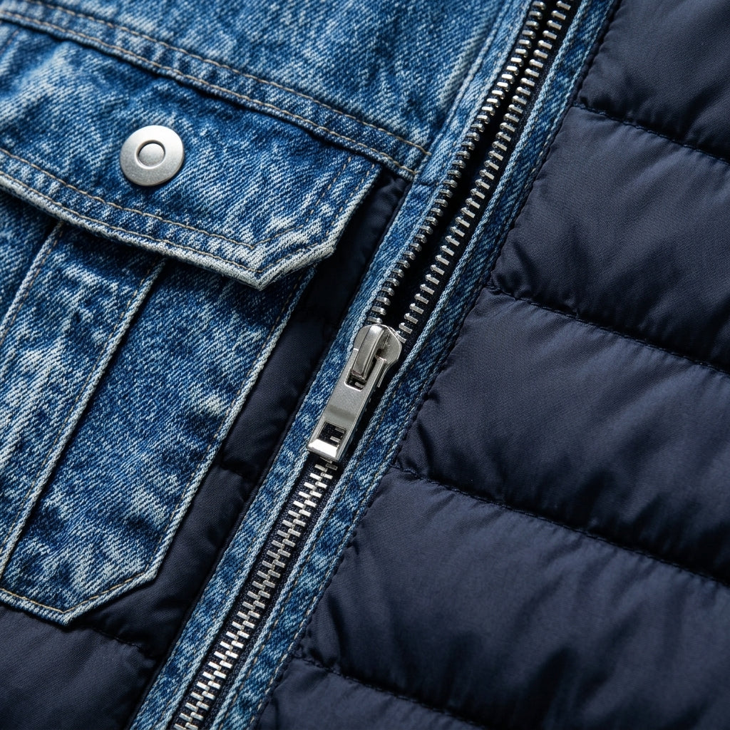 Tatsu – Détail des empiècements denim et surpiqûres matelassées