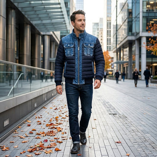Tatsu – Veste hybride denim et matelassée en situation lifestyle urbain