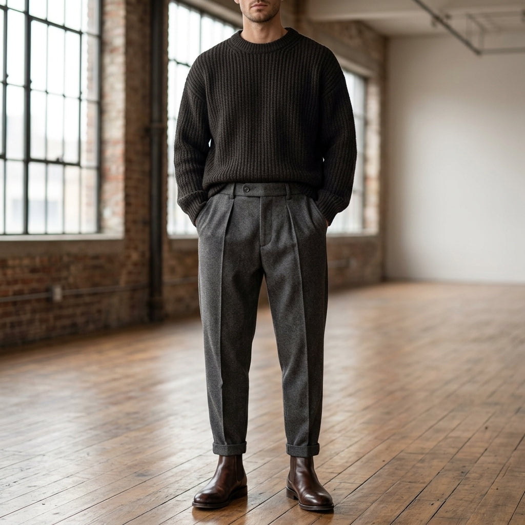 Sho – Pantalon fuselé à pinces gris sur modèle en studio